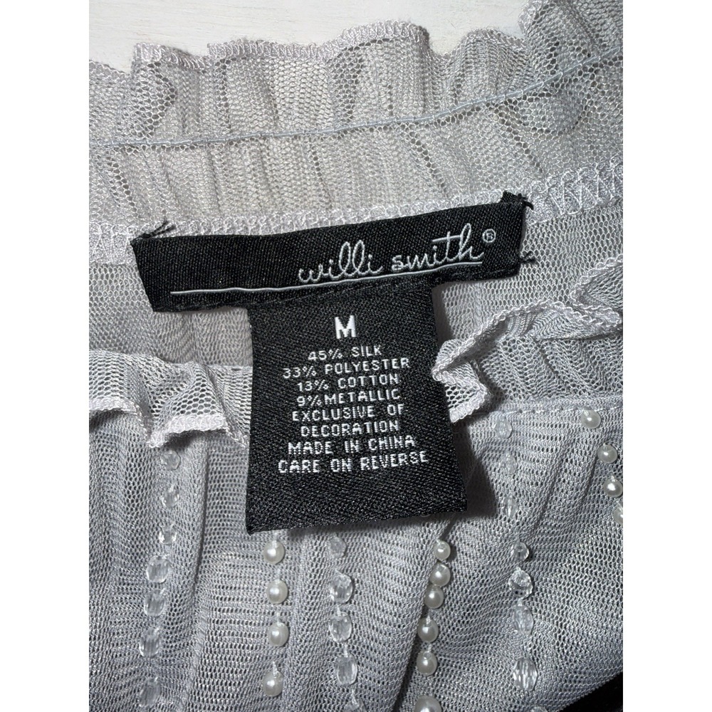 Willi Smith 45% Silk Short Sleeve Silver Shirt Size Medium Beaded Metallic - Picture 3 of 6